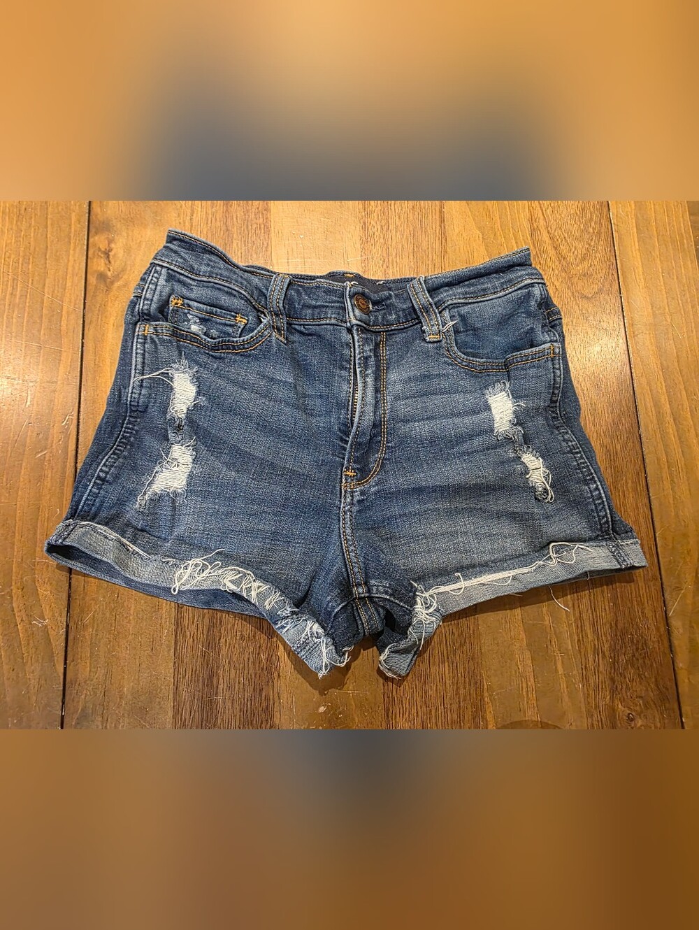 Hollister High Rise 3" Shorts Sz 5 / W 27 Distressed Cuffed Hem Stretch Denim